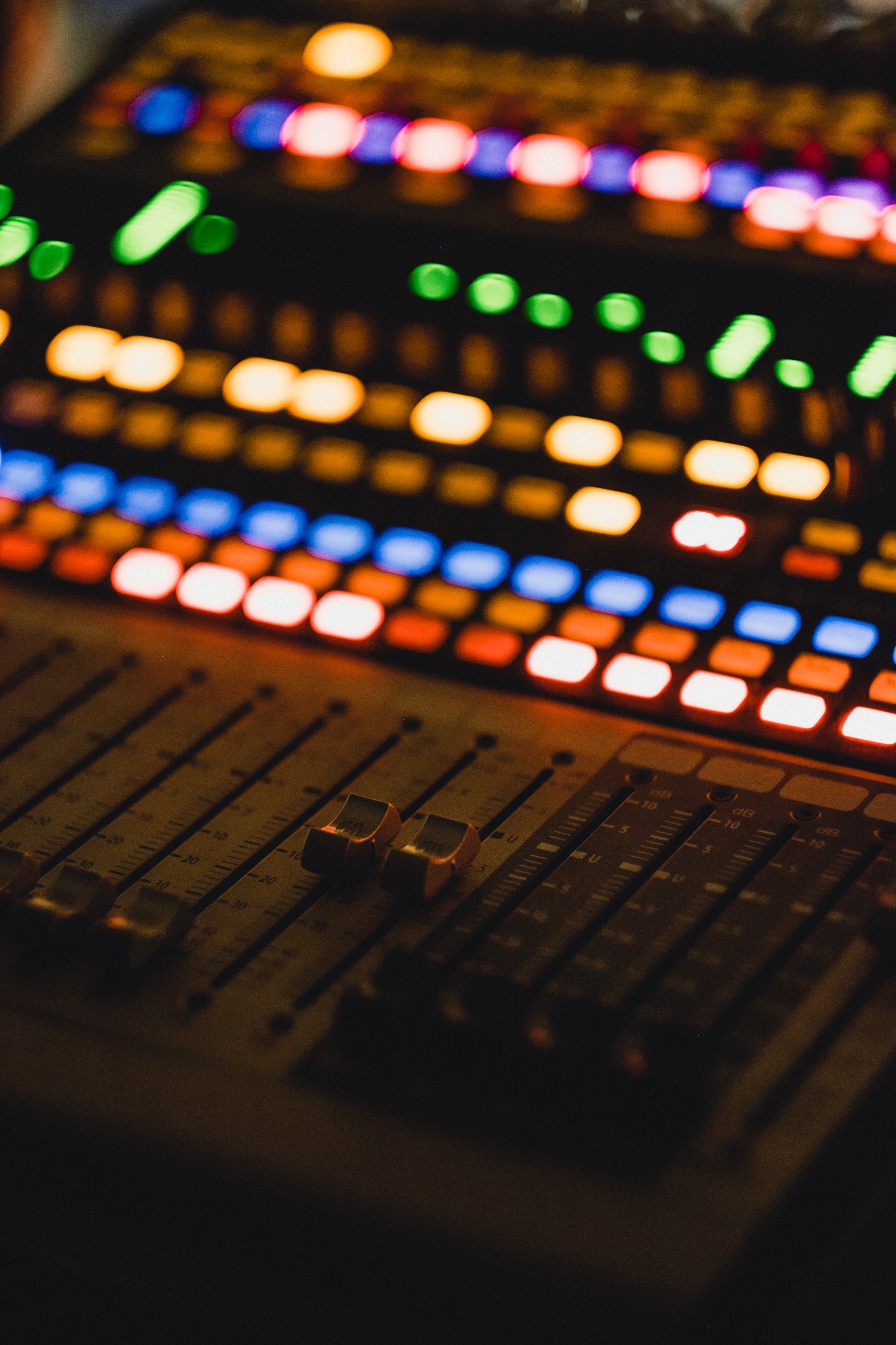 Audio mixing board with colorful lights